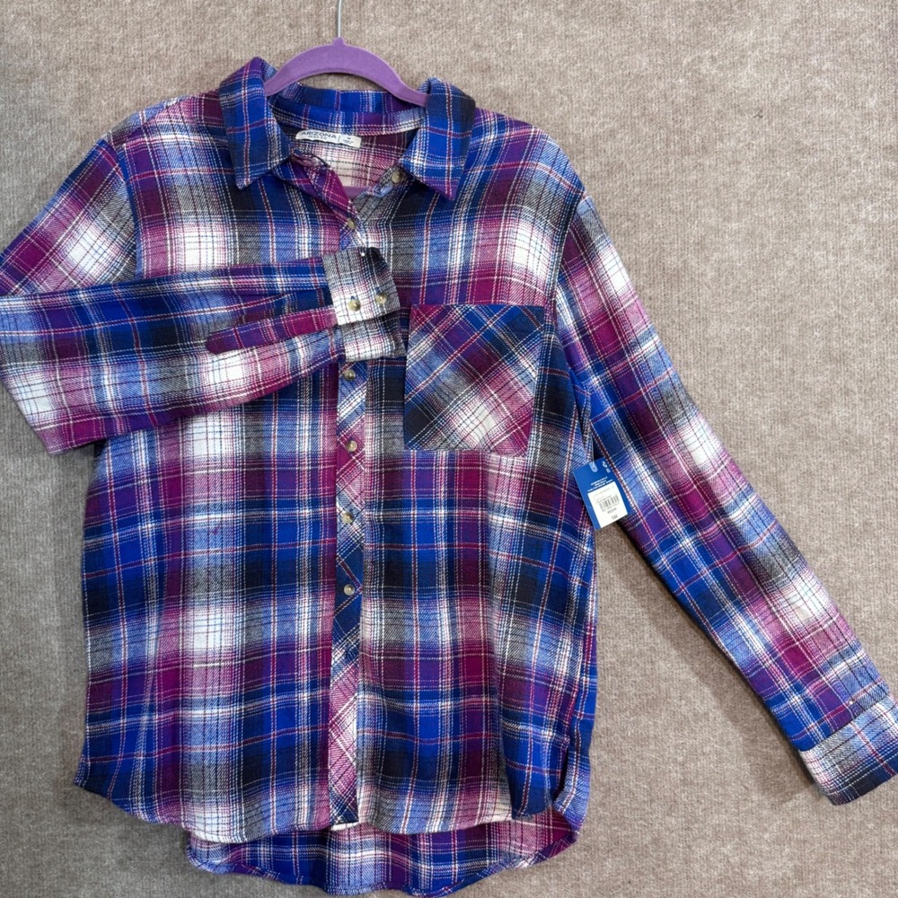 Arizona Jean Co Flannel Button Up Womens Medium Blue Purple Plaid Long Sleeve